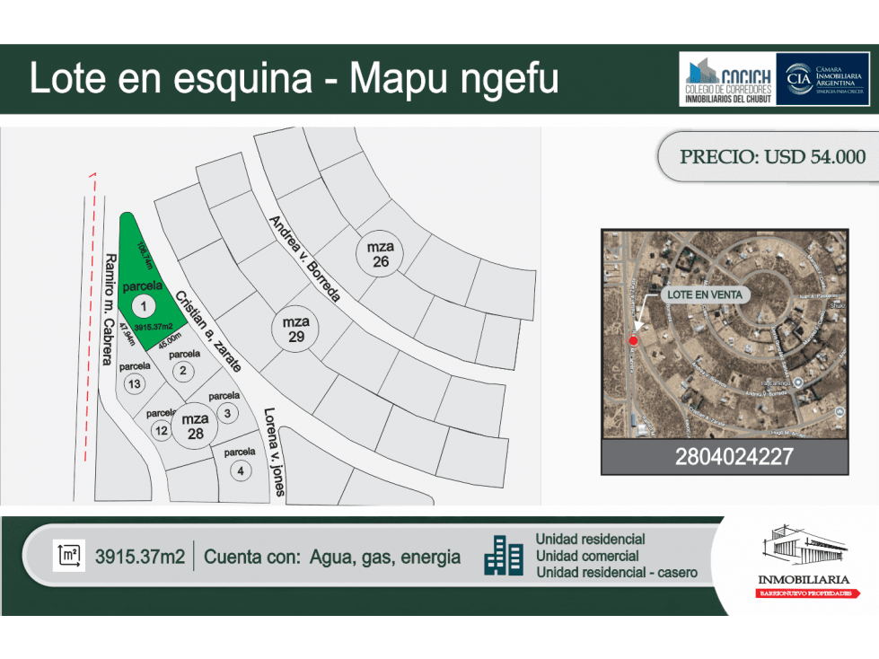 Vendo terreno 3915.37m2 en Mapu Ngefu Puerto Madryn USD 54.000 dólares - 1