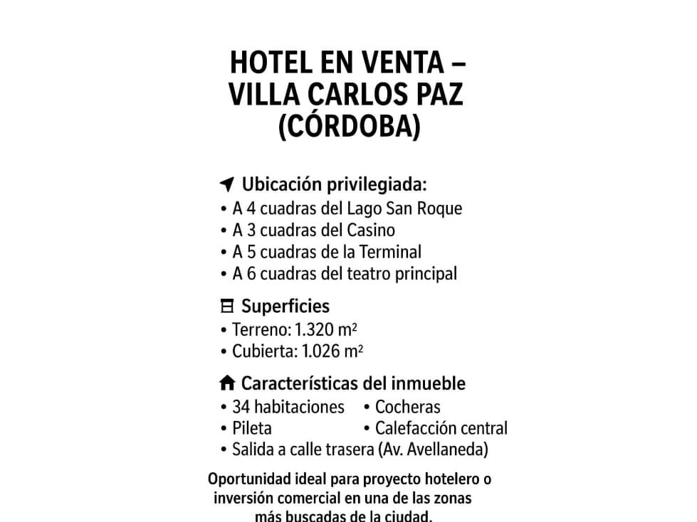 INMUEBLE CON DESTINO COMERCIAL HOTEL EN VILLA CARLOS PAZ - 1
