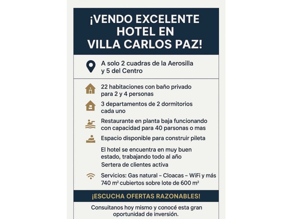 VENDO HERMOSO HOTEL A METROS DEL CENTRO, VILLA CARLOS PAZ - 1